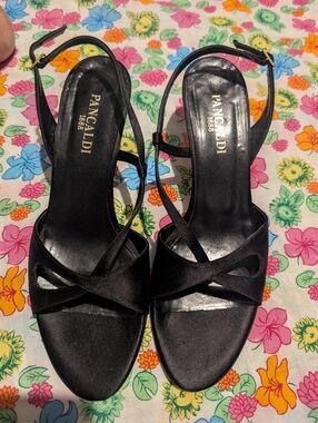 Pancaldi Black Satin Strappy Slingback Heels